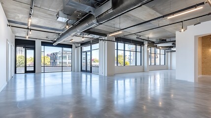 Modern Office Interior with Concrete Floors, Exposed Ceiling and Large Windows