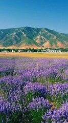 Obraz premium Lavender field stretching to the mountains under a blue sky