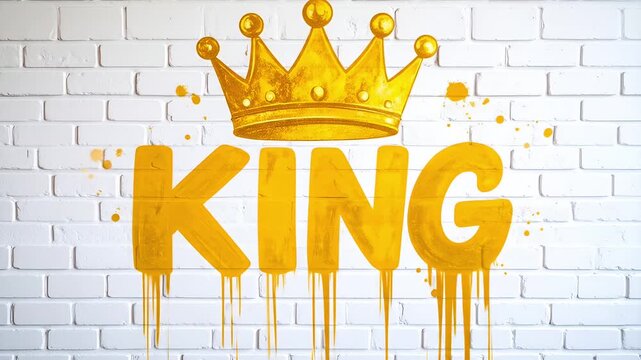 Gold crown king graffiti on white brick wall