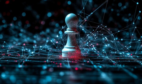 Strategic hand positioning a single chess pawn on a complex web of interconnected lines. This image symbolizes networked decisions and AI strategy, reflecting the calculated, Generative AI