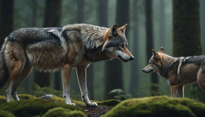 Two Wolves Face to Face in a Misty Green Forest Setting