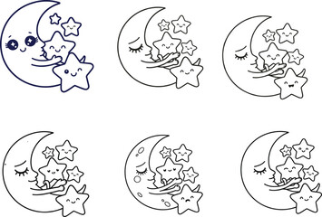 Cute moon hugging smiling stars, cartoon night sky characters, whimsical celestial illustration, dreamy nighttime theme, kawaii cosmic art set