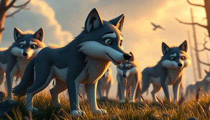Cartoon Wolves Walking on Grassy Hill at Sunset with Birds