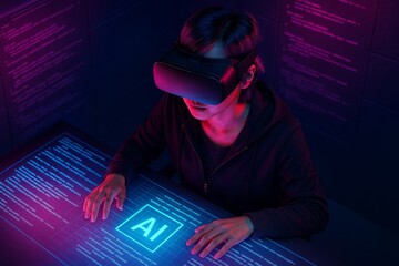A young Asian man wearing a virtual reality headset interacts with a glowing interface displaying AI text. The scene is illuminated with purple and blue lights.