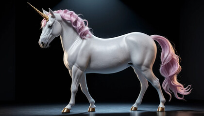 Majestic Unicorn Standing with Golden Horn and Pink Mane on Dark Background