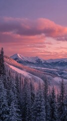 Snowy mountain peaks at dawn.  Pink clouds
