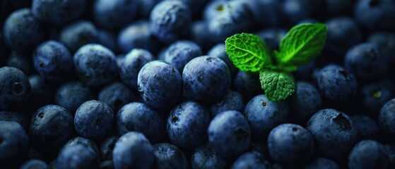 The Blueberries Pile With Fresh Mint Leaves And Dramatic Shallow Depth Of Field