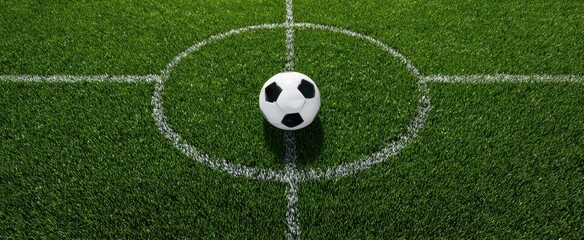 [The Soccer Ball on Center Circle of Lush Green Football Pitch]