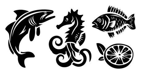 Intricate Black and White Illustrations of Fish and Sea Creatures