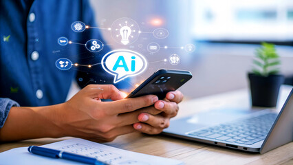 Unlock future innovation with AI technology, hands holding smartphone displaying digital network and bright ideas for business growth