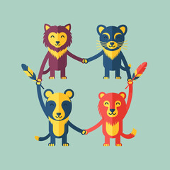 Four Cartoon Animals Holding Hands in a Circle, Flat Design Style.