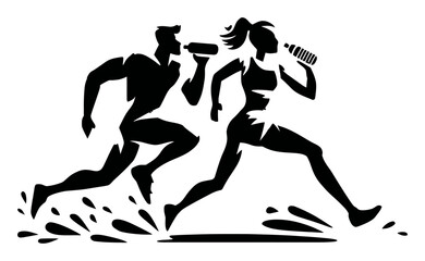 Dynamic Male and Female Runners in Motion with Water Bottles