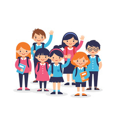 Fototapeta premium Happy diverse cartoon school children group standing, smiling, and waving, ready for education.