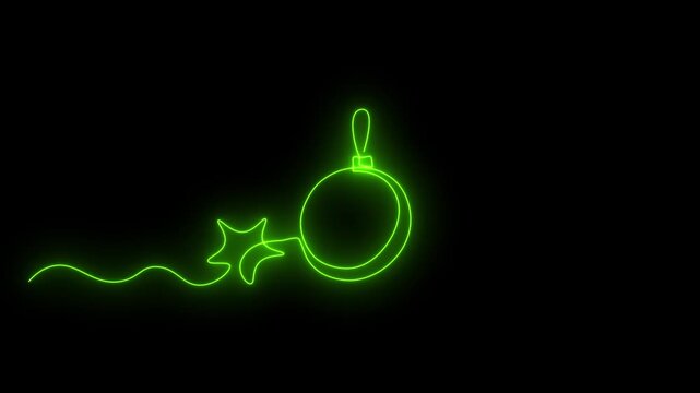 Abstract Christmas Tree Toys. Self drawing animation one continuous line draw, logo on black background. neon green luminous sign