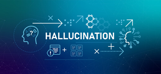 Hallucination in artificial intelligence icons representing an AI head with confused letters AI model generates false or misleading information highlighting challenge in reliability and accuracy