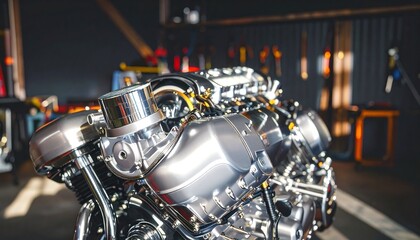 Fototapeta premium Gleaming Chrome Motorcycle Engine: A Close-Up of Mechanical Beauty in Workshop Setting