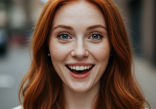 Close-up of Cheerful Redhead Woman with Freckles and Blue Eyes Smiling Outdoors