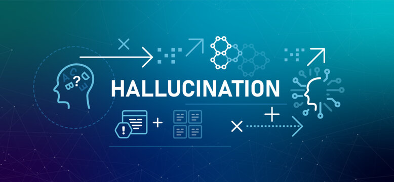 Hallucination in artificial intelligence icons representing an AI head with confused letters AI model generates false or misleading information highlighting challenge in reliability and accuracy