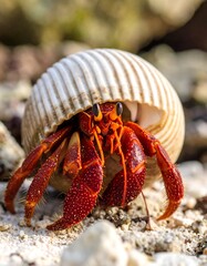 Red Hermit Crab in Seashell on Beach