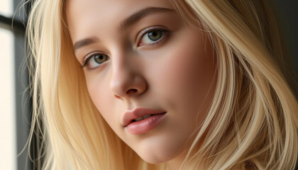 Close-up Portrait of a Blonde Woman with Soft Lighting Near Window