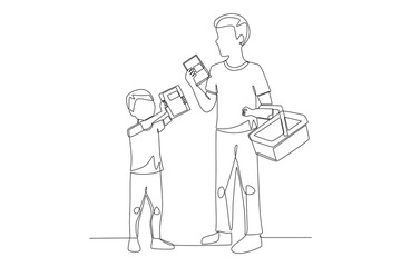 Buying fresh school supplies concept one-line drawing