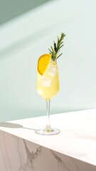 Yellow cocktail, summer drink, marble surface