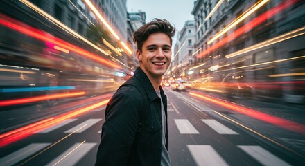 Smiling Young Man Standing on City Street with Motion Blur Light Trails