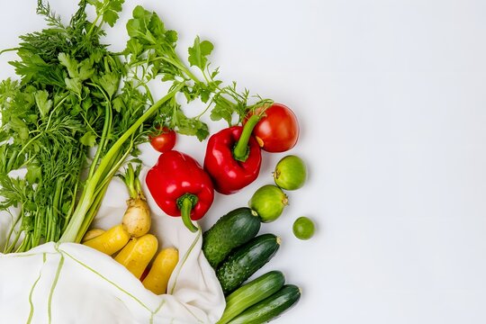 Fresh vegetables in reusable bag, white table background, healthy lifestyle and clean eating concept