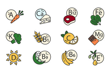 Vitamin, Nutrient, Mineral Line Icons. Retinol, Tocopherol, Folic Acid, Thiamine, and Foods Containing Them. Vector Illustration. Editable Stroke.