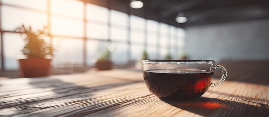 Obraz premium A glass teacup filled with dark liquid sits on a wooden table in a bright, sunlit office space.