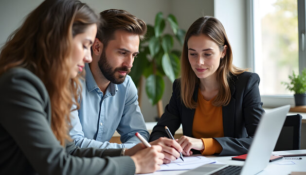 Team members in an office collaborate on a project, reviewing documents together.