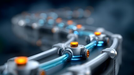 Robotic assembly line in a futuristic factory with glowing neon accents, automation in industry and AI-driven production, copyspace