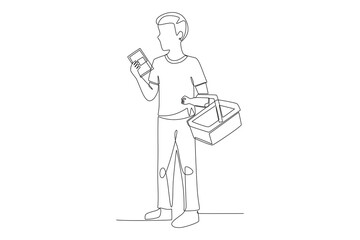 Buying fresh school supplies concept one-line drawing