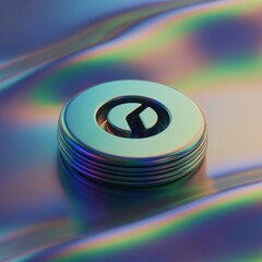 A layered metallic object with a central design on a holographic reflective surface background image