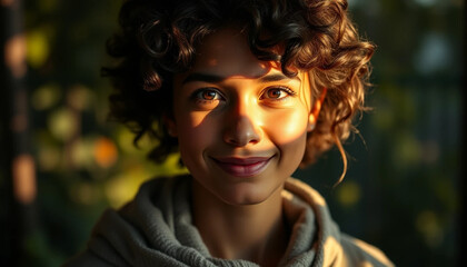 Smiling Woman with Curly Hair Illuminated by Golden Light Outdoors Portrait