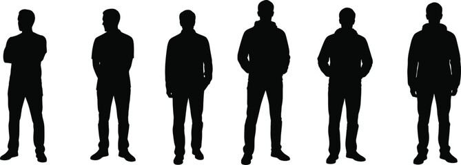 Silhouettes of six men standing, casual fashion poses, male figures on white background, black vector illustration, stylish men collection, modern clothing design concept