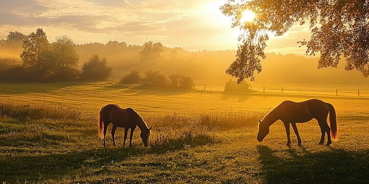 Peaceful countryside with horses grazing in golden morning light Stock photo - Powered by Adobe