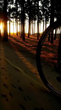 Cyclist riding through forest trail at sunrise with golden sunlight filtering through tall trees creating cinematic atmosphere