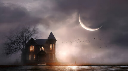 A hauntingly beautiful gothic house shrouded in mist, illuminated by a crescent moon.