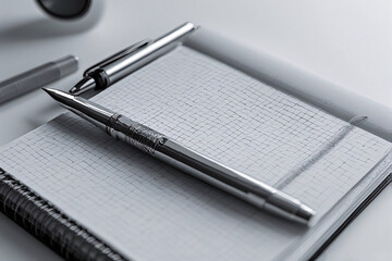 Silver pen resting on a notepad on a white desk, ready for writing and brainstorming, creating a sense of focus and productivity.