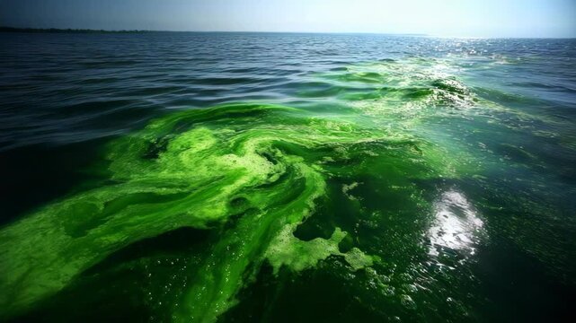 Vibrant Green Algae Bloom on Surface of Dark Ocean Waters near the Coastline, High Quality