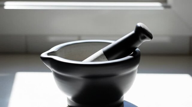 A mortar and pestle sit on a white surface in front of a window one end white and the other black