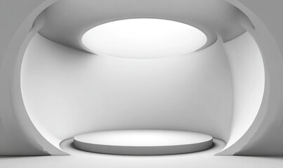 Clean, modern interior white podium under a round skylight within a curved enclosure