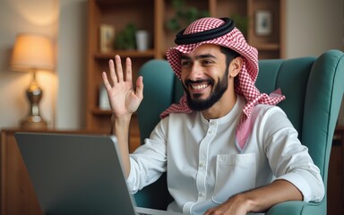 Distant communication concept. Smiling arab man waving hand at laptop camera, making video call. Happy guy chatting with family or having online meeting, sitting on chair at home. High quality