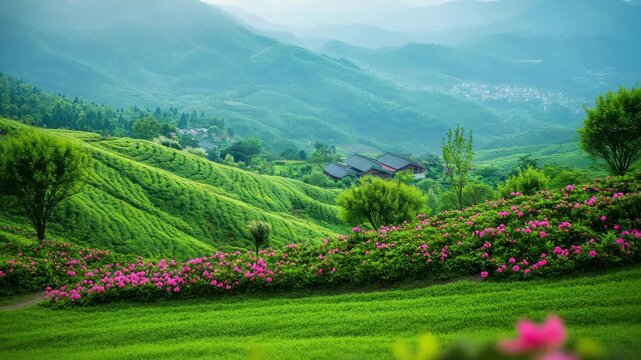 Green tea plantation and green hill with blooming pink flowers, misty mountain backdrop, rural house, agriculture field, and serene nature landscape creating vibrant peaceful scenery