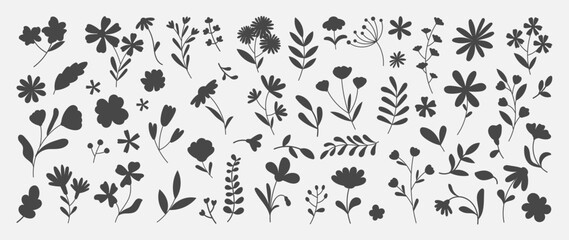 Hand drawn floral silhouette vector set of leaves and flowers illustration.