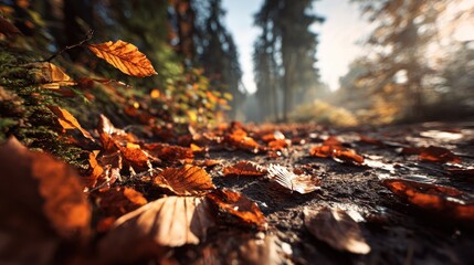 Obraz premium Forest floor covered with orange leaves in blurred autumnal scenery