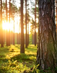 Obraz premium Sunlight filtering through a pine forest (1)