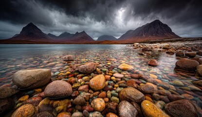 Colorful stones line lake shore under cloudy mountain range, dramatic skies