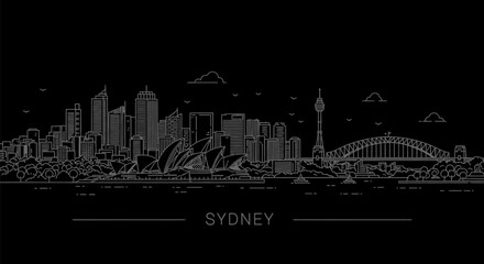 Sydney Skyline Line Art with Cityscape, and Australia.